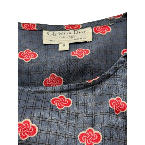 Christian Dior Vintage Satin Blouse Blue Red Print Long Slv Banded Waist Size 8 - Picture 10 of 11